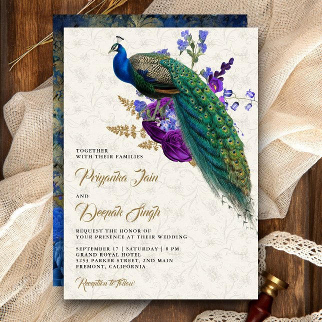 Convite Casamento Real Azul Púrpura Floral Indiano Pavão (Criador carregado)
