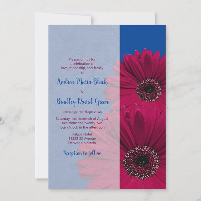 Convite Casamento Real Blue Burgundy Gerbera Daisy (Frente)