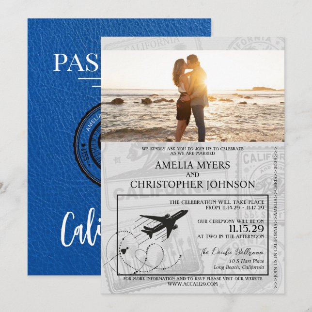 Convite Casamento Real Blue California Passport (Frente/Verso)