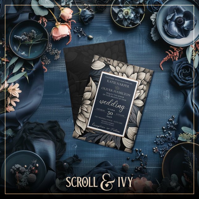 Convite Casamento Real Blue & Champagne White Bloom ( The Luxe Floral Wedding Suite - Wedding Invitation (Front))