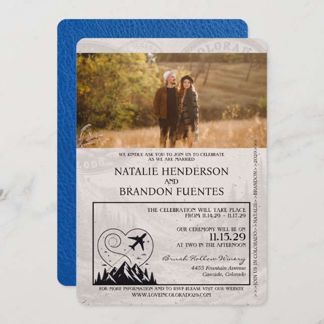 Convite Casamento Real Blue Colorado Passport (Frente/Verso)