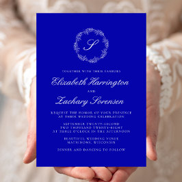 Convite Casamento Real Blue Monograma Wreath White Script