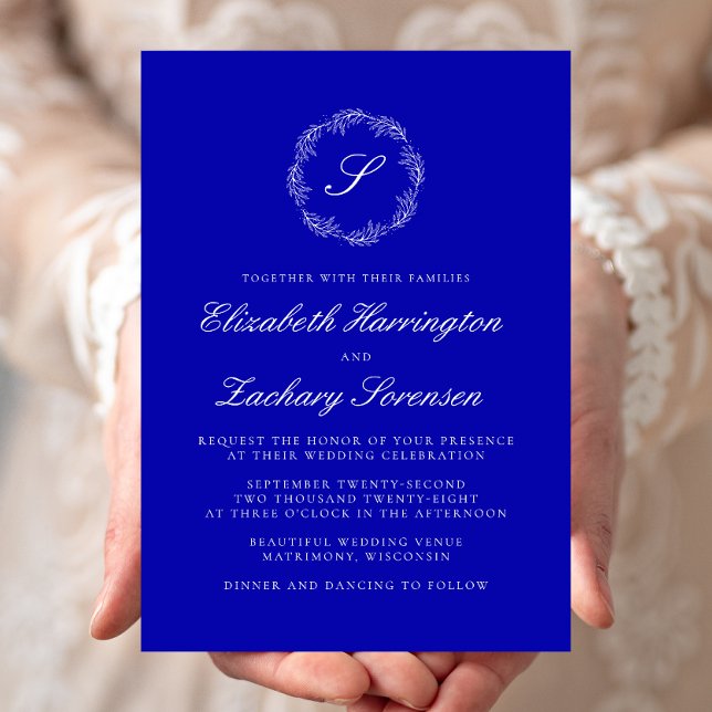 Convite Casamento Real Blue Monograma Wreath White Script (Criador carregado)