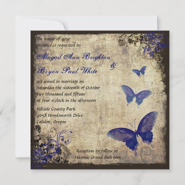 Convite Casamento Real Blue Vintage Butterfly (Frente)