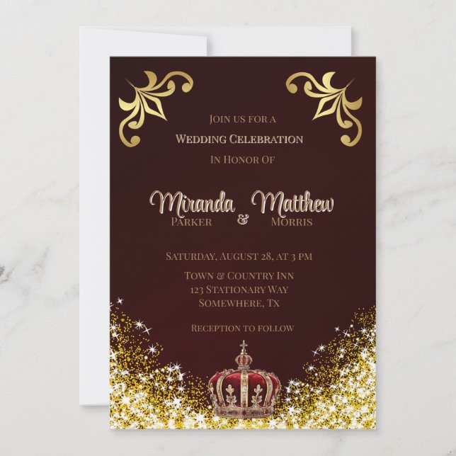 Convite Casamento Real Burgundy Dourado Flourish (Frente)