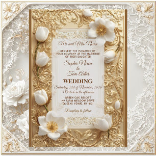 Convite Casamento Real Chic Tulipa Branca Ornamentada Dour