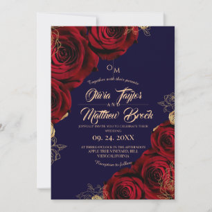 Convite Casamento Real de Flor de Rosa Azul e Vermelho ⎮ B