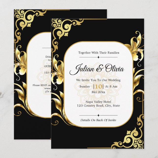 Convite Casamento Real de Luxo Preto e Dourado (Frente/Verso)