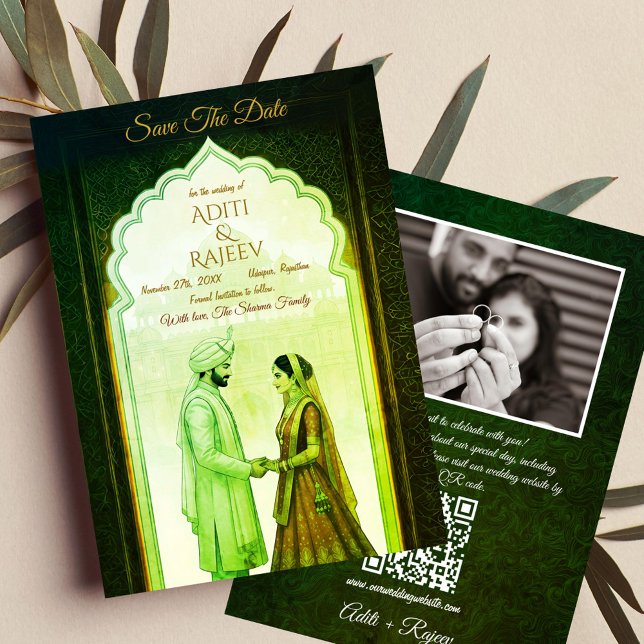 Convite Casamento Real Do Palácio Indiano Salva A Data QR  (Royal Indian Wedding Save The Date with Couple Image and QR Code in the backside.)