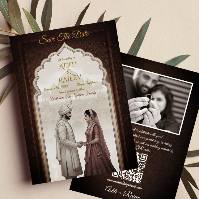 Convite Casamento Real Do Palácio Indiano Salva A Data QR  (Royal Indian Wedding Save The Date with Couple Image and QR Code in the backside.)