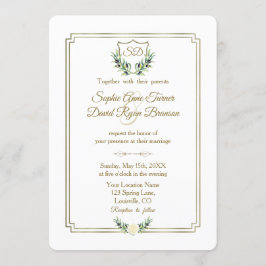 Convite Casamento Real Dourado Crest Lush Greenery