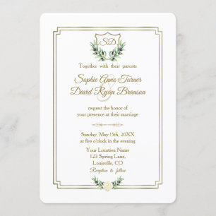Convite Casamento Real Dourado Crest Lush Greenery