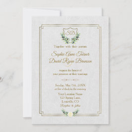 Convite Casamento Real Dourado Crest Lush Greenery Monogra