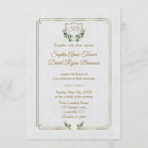 Convite Casamento Real Dourado Crest Lush Greenery Monogra