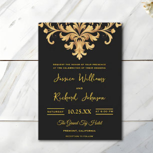 Convite Casamento Real Dourado Damask Watercolor