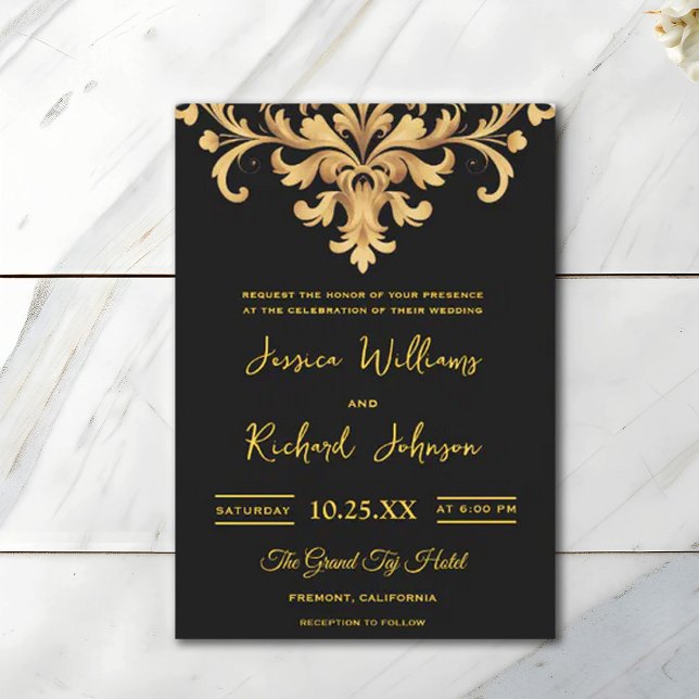 Convite Casamento Real Dourado Damask Watercolor (Criador carregado)