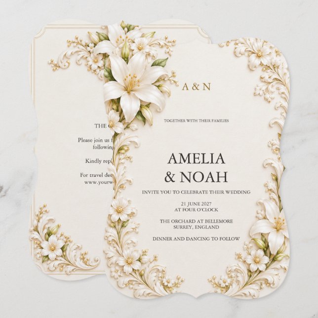 Convite Casamento Real Lírio de Marfim (Frente/Verso)
