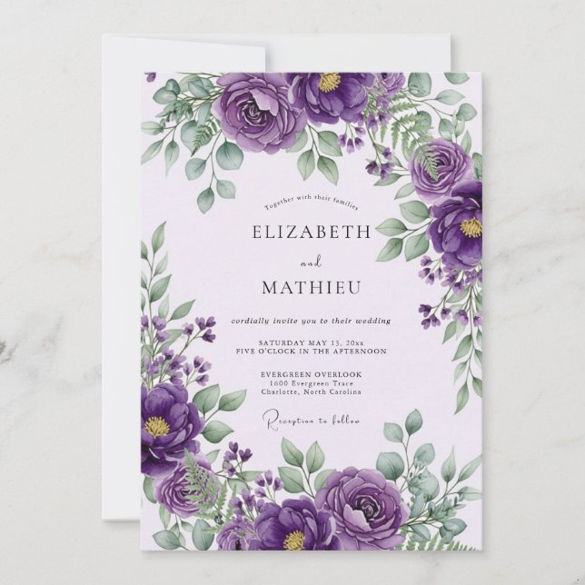 Convite Casamento Real Roxo de Primavera (Frente)
