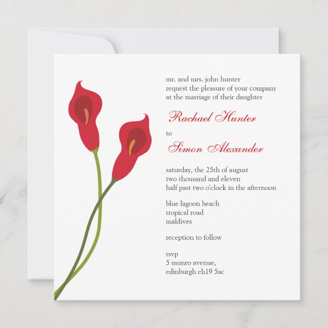 Convite Casamento Red Calla Lily (Frente)
