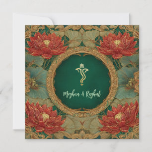 Convite Casamento Red Dourado Lotus Green Indian Ganesh