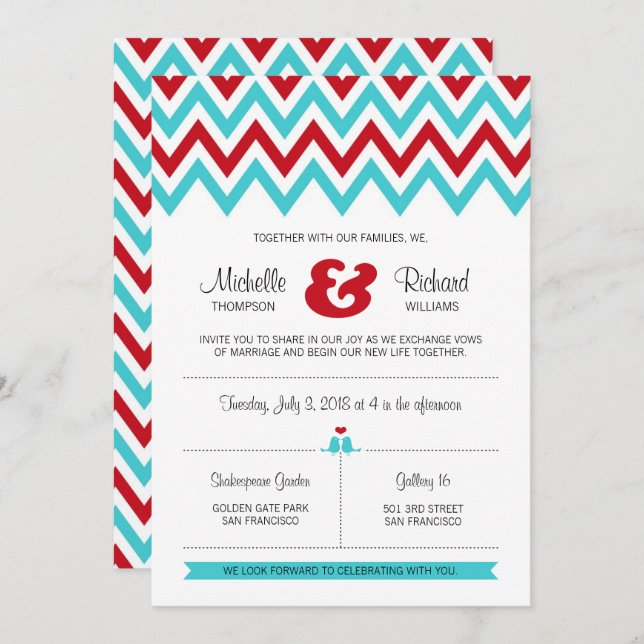 Convite Casamento Red e Aqua Chevron & Lovebird Modern (Frente/Verso)