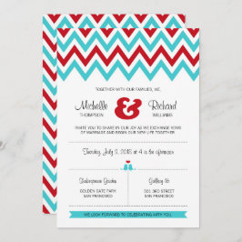 Convite Casamento Red e Aqua Chevron & Lovebird Modern
