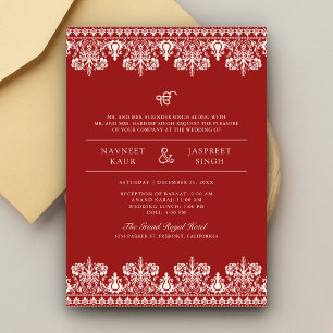 Convite Casamento Red Ivory Damask Border Anand Karaj Sikh