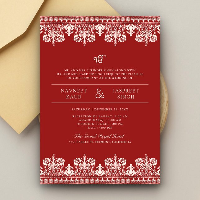 Convite Casamento Red Ivory Damask Border Anand Karaj Sikh (Criador carregado)