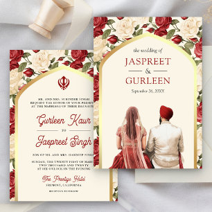 Convite Casamento Red Ivory Floral Punjabi Anand Karaj Sik