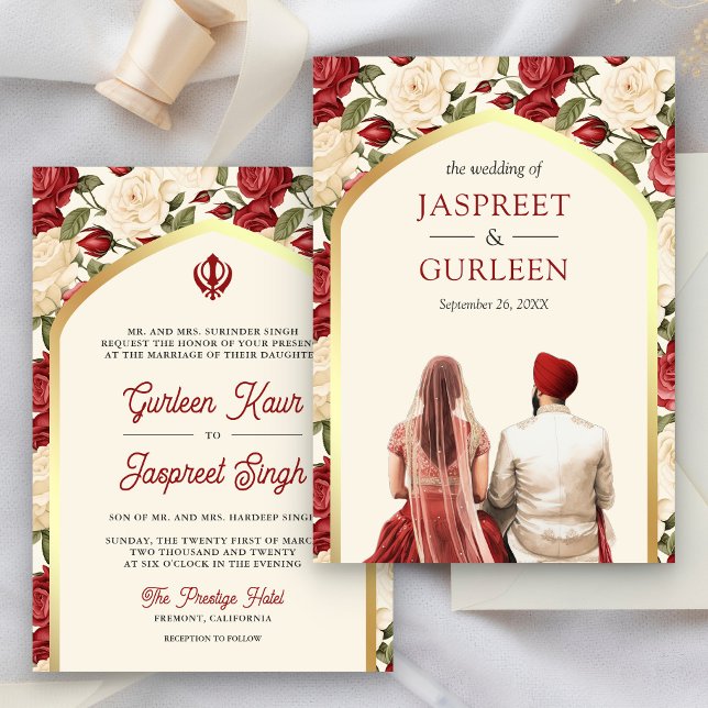 Convite Casamento Red Ivory Floral Punjabi Anand Karaj Sik (Criador carregado)