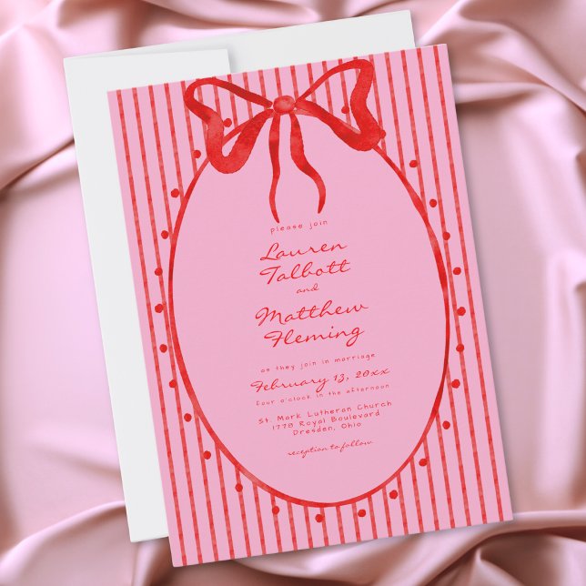 Convite Casamento Red Pink Aquarela Caprichosa com Laço e  (Whimsical Red Pink Watercolor Bow Stripe Wedding Invitation)