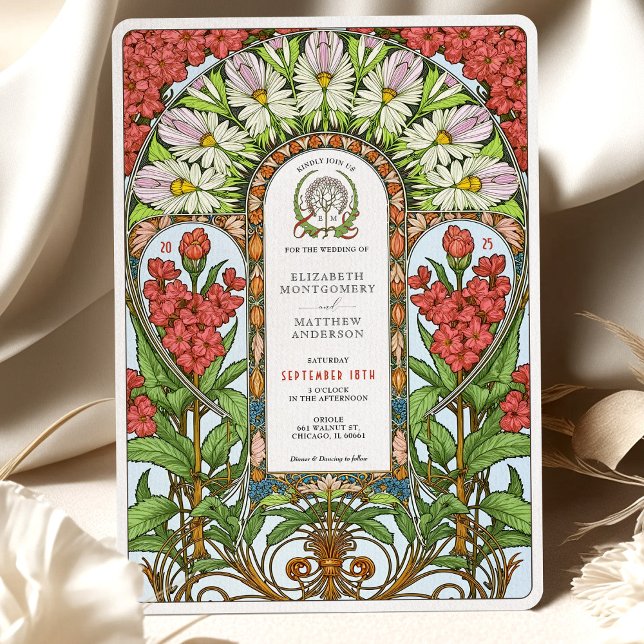 Convite Casamento Red Valerian & White Daisy Art Nouveau (Criador carregado)