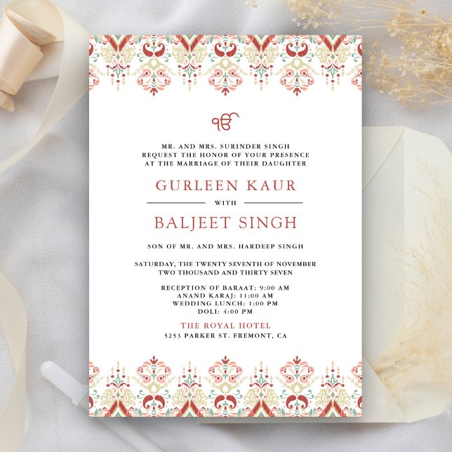 Convite Casamento Red White Ikat Anand Karaj Sikh (Criador carregado)