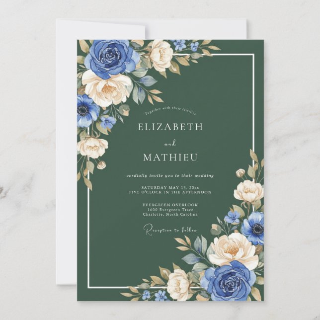 Convite Casamento Redemoinho Botânico Marfim Azul (Frente)