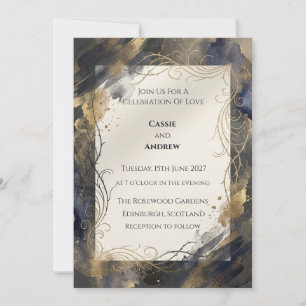 Convite Casamento Redemoinho de Aquarela Azul Marinho Dour