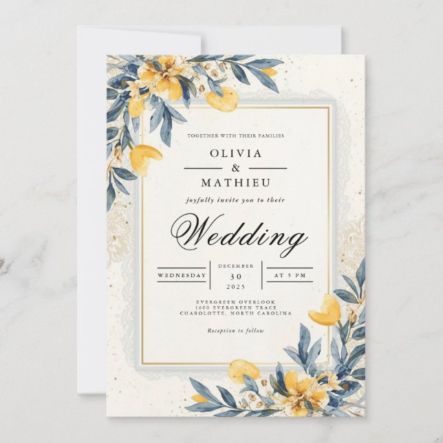 Convite Casamento Redemoinho Floral Ócre Dourado (Frente)