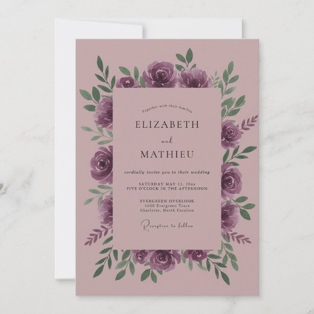 Convite Casamento Redemoinho Floral Romântico Malva (Frente)