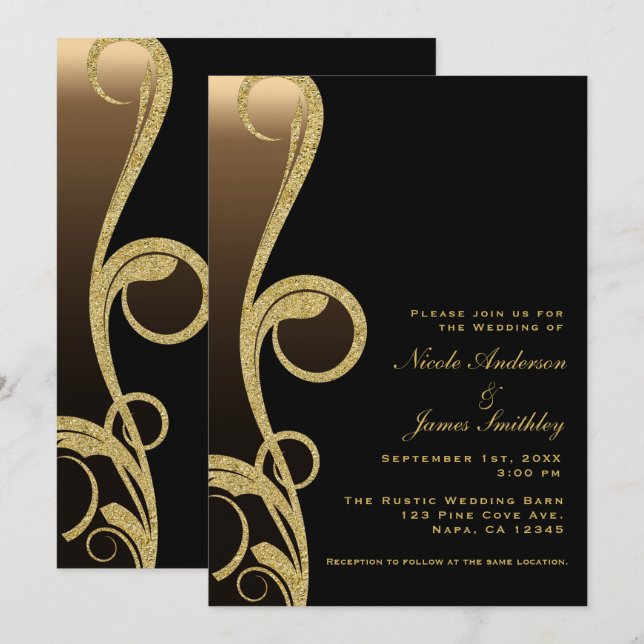 Convite Casamento Redemoinho Moderno Elegante Preto e Bron (Frente/Verso)