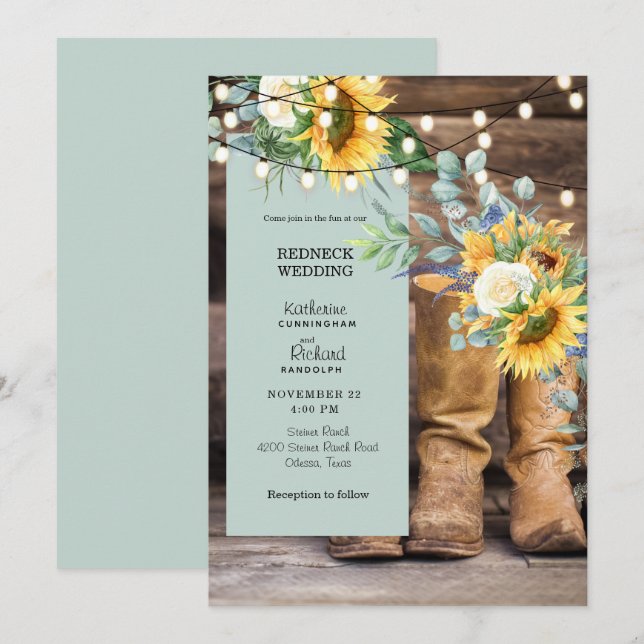 Convite Casamento Redneck Botas de Cowboy Luzes de Natal I (Frente/Verso)