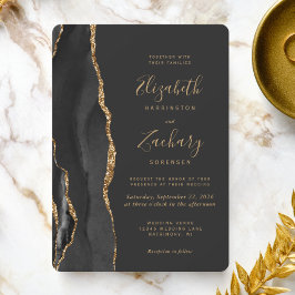 Convite Casamento Redondo Preto Dourado Moderno de Ágata