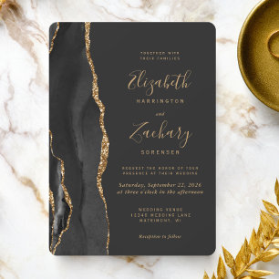 Convite Casamento Redondo Preto Dourado Moderno de Ágata