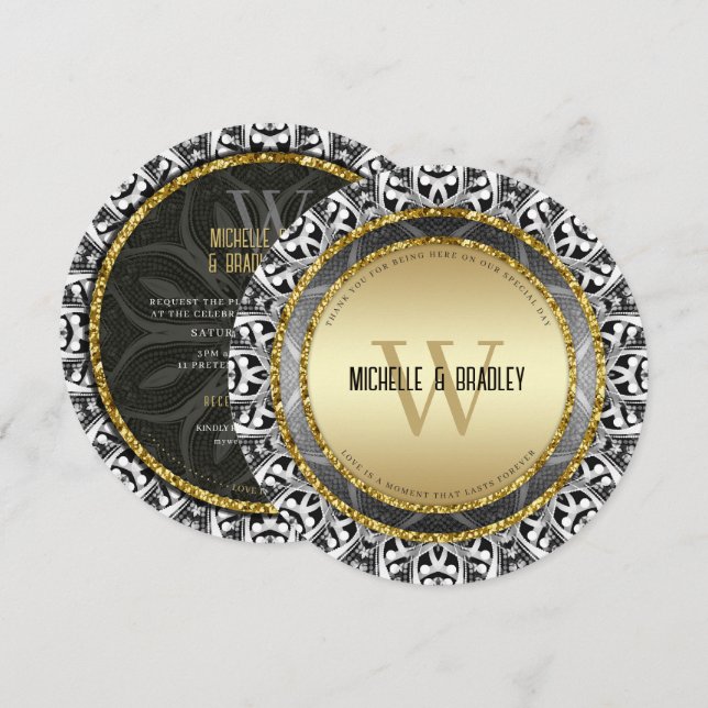 Convite Casamento Redondo Tribal Preto Branco & Ouro (Frente/Verso)