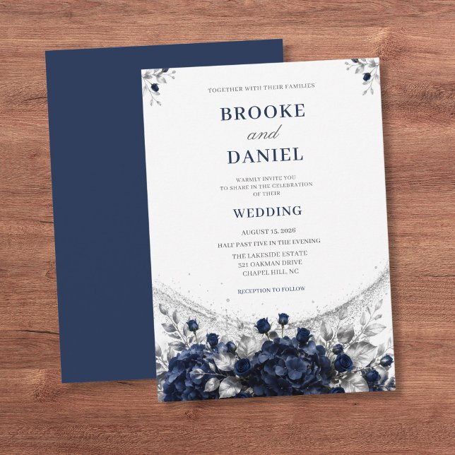Convite Casamento Refined Navy Hydrangea Silver Shimmer (Criador carregado)