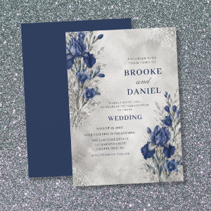 Convite Casamento Refined Navy Íris Freesia Brilho Prata