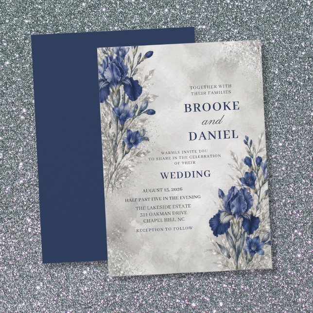 Convite Casamento Refined Navy Íris Freesia Brilho Prata (Criador carregado)