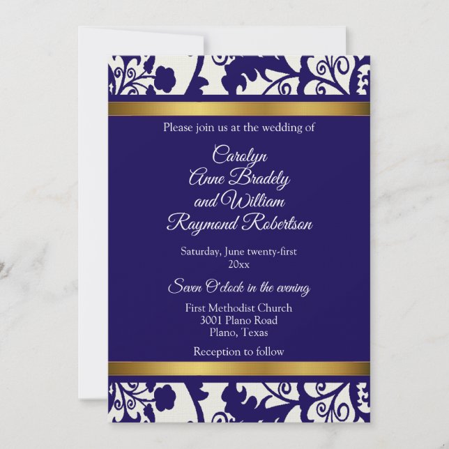 Convite Casamento Regency Blue Damask (Frente)