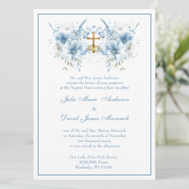 Convite Casamento Religioso Clássico Azul Floral Católico (Criador carregado)