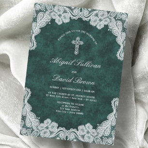 Convite Casamento Religioso de Lace Emerald Green Velvet