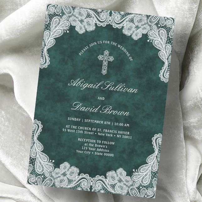 Convite Casamento Religioso de Lace Emerald Green Velvet (Criador carregado)