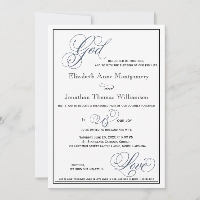 Convite Casamento Religioso de Script Formal Azul Slate (Frente)